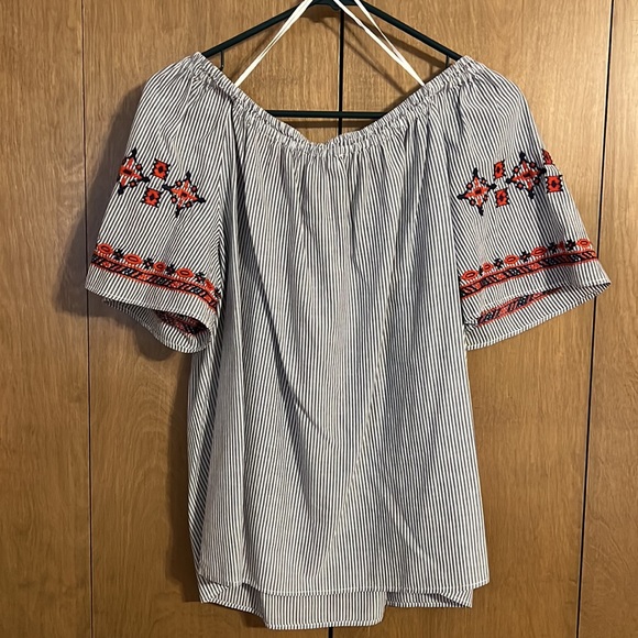 LOFT Pinstriped Embroidered Blouse - Picture 4 of 4